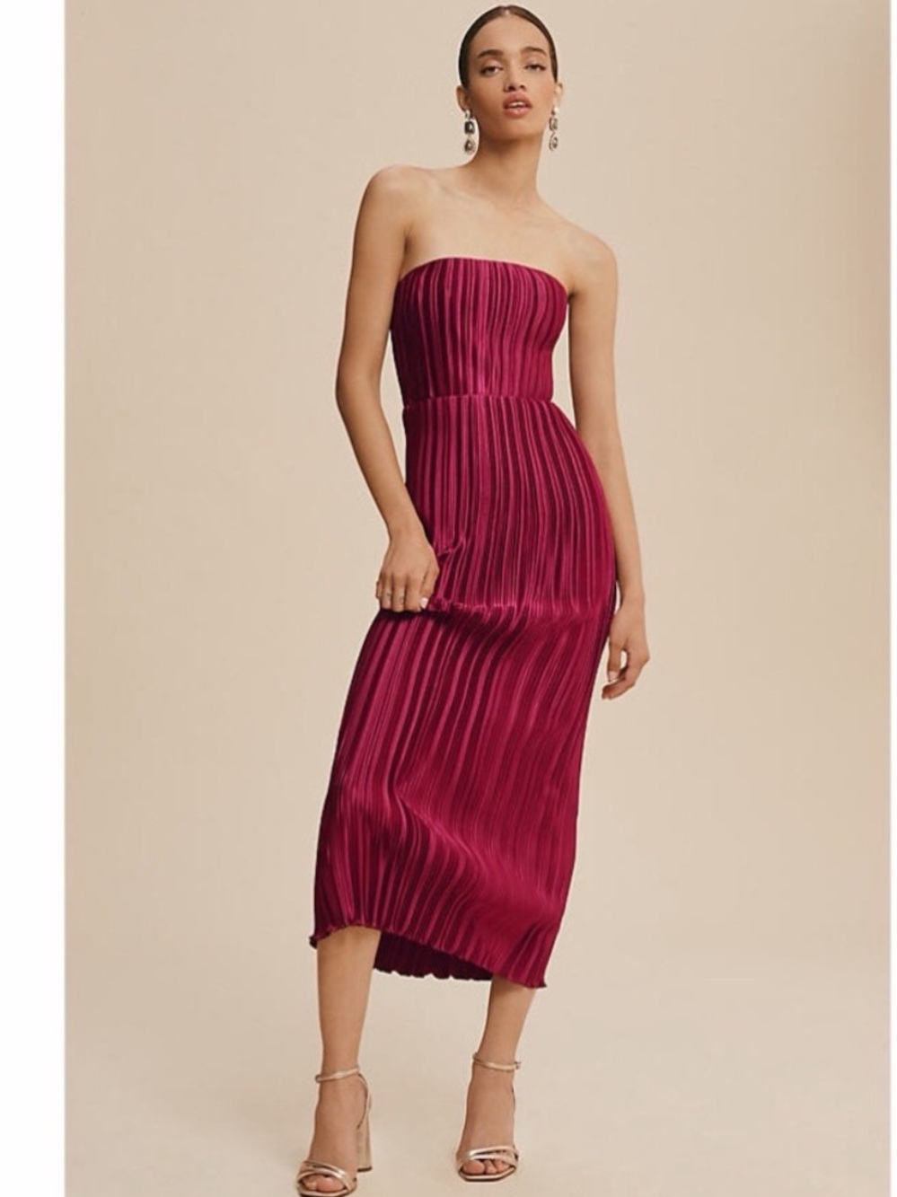 NWT L’IDEE Dress Gatsby Midi Strapless Pleated in Red Berry